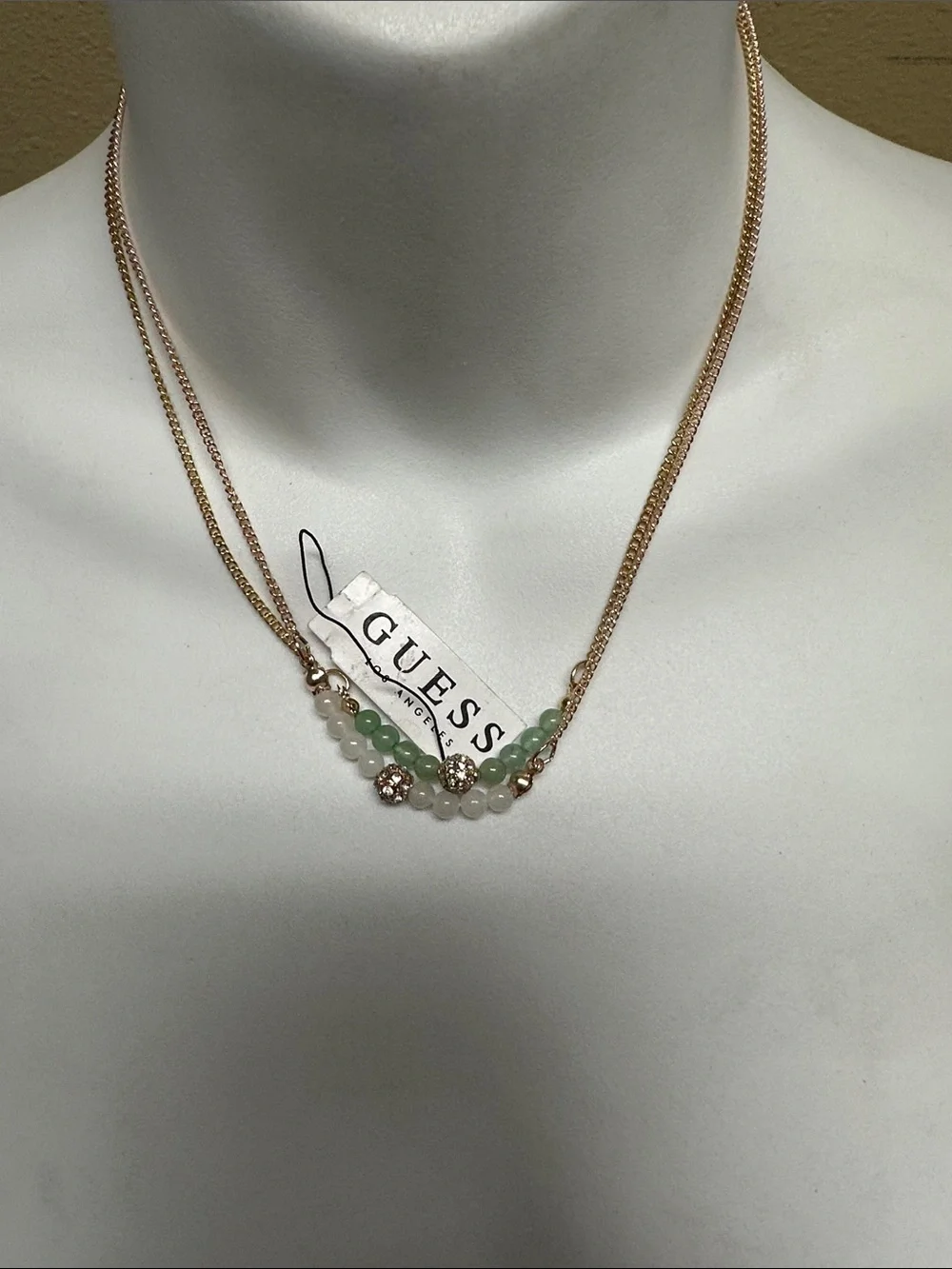 ##122, Set Guess/Marciano Rose Gold Layered Necklace with White and Green Beads